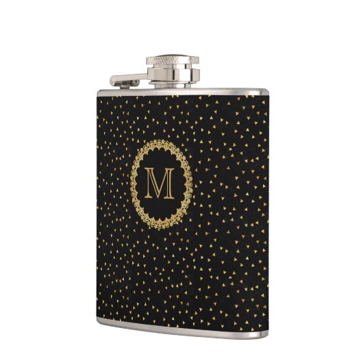 Black and Gold Sparkles Monogram Flachmann (Links)