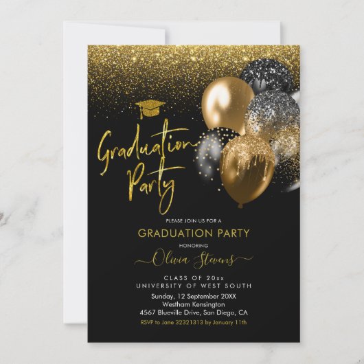 Black and Gold Sparkling Graduing Party Einladung (Vorderseite)