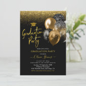 Black and Gold Sparkling Graduing Party Einladung (Stehend Vorderseite)