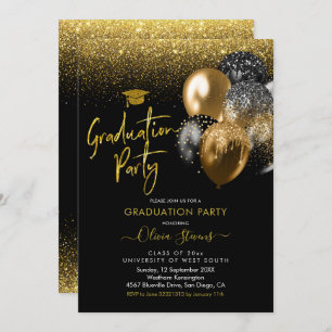 Black and Gold Sparkling Graduing Party Einladung