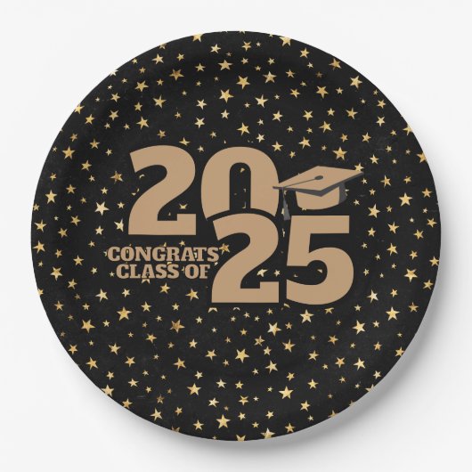 Black and Gold Stars 2025 Abschluss Pappteller (Vorderseite)