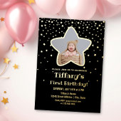 Black and Gold Stars Baby First Birthday Foto Folieneinladung