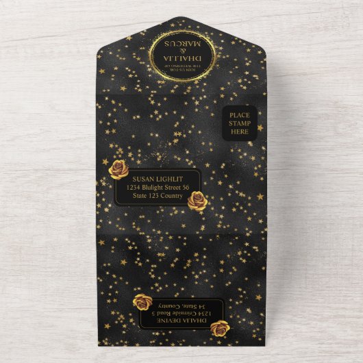 Black and Gold Stars Goth Muster All In One Einladung (Außenbereich)