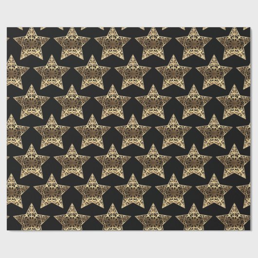 Black and Gold Stars Muster Schwarzer Weihnachtssc Geschenkpapier (Flach)