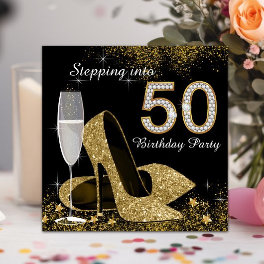 Black and Gold Stepping zu 50 Geburtstagsparty Einladung