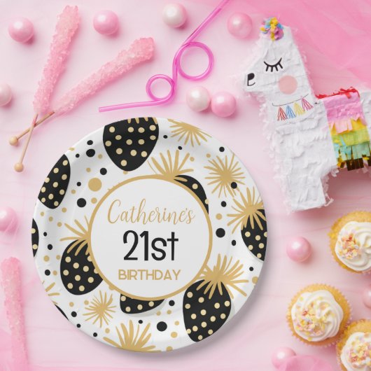 Black and Gold Strawberry Pattern Pappteller (Party)