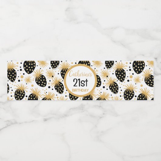 Black and Gold Strawberry Pattern Wasserflaschenetikett (Einzelnes Label)