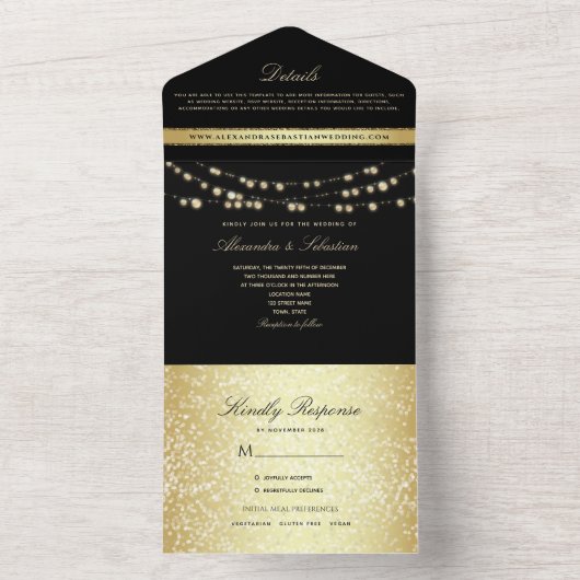 Black and Gold String Lights Hochzeit All In One Einladung (Innen Boden)