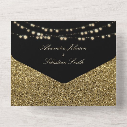 Black and Gold String Lights Hochzeit All In One Einladung (Rückseite)