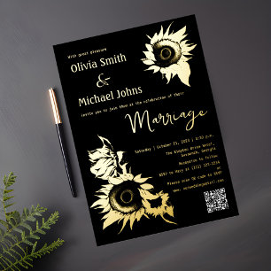 Black and Gold Sunflower QR Code Wedite Folien Feiertagskarte