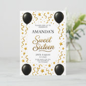 Black and Gold Sweet 16 Birthday Party Einladung (Stehend Vorderseite)