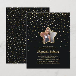 Black and Gold Sweet 16 Superstar Geburtstags-Foto Einladung