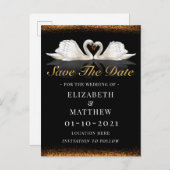 Black and Gold Themed mit Swans Wedding Ankündigungspostkarte (Vorne/Hinten)