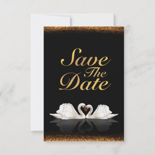 Black and Gold Themed mit Swans Wedding Save The Date (Rückseite)