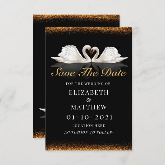 Black and Gold Themed mit Swans Wedding Save The Date (Vorne/Hinten)
