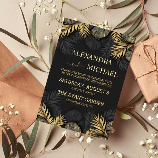 Black and Gold Tropical Hochzeit in Urlaubsort Inv Folieneinladung