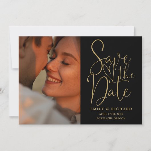 Black and Gold Wedding 2 Foto Elegantes Script Save The Date (Vorderseite)