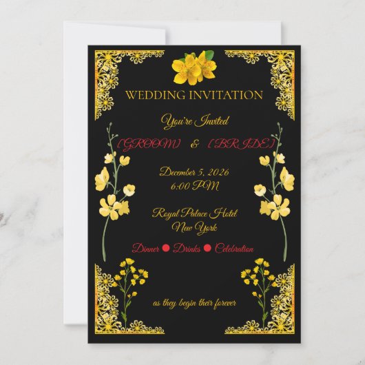 Black and Gold Wedding Invitation Einladung (Vorderseite)