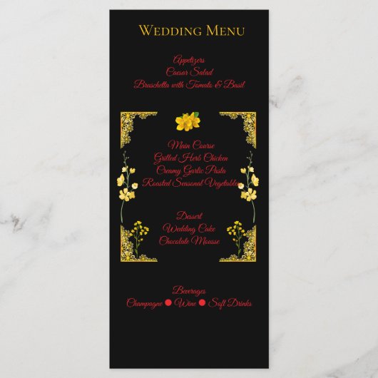 Black and Gold Wedding Menu Card Menükarte (Vorderseite)