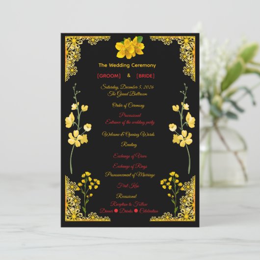 Black and Gold Wedding Program Programm (Stehend Vorderseite)