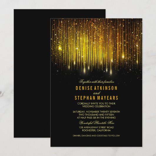 Black and Gold Wedding String Lights laden ein Einladung (Vorne/Hinten)