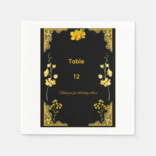 Black and Gold Wedding Table Number Serviette (Vorderseite)