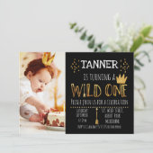 Black and Gold Wild Foto 1. Geburtstag Einladung (Stehend Vorderseite)