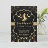 Black and Gold Witch and Bats Damask 21. Geburtsta Einladung (Stehend Vorderseite)