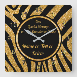 Black and Gold, Zebra Print Clock, Personalized Quadratische Wanduhr
