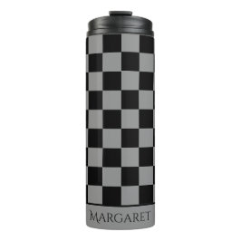 black and gray checkered monogram name thermosbecher