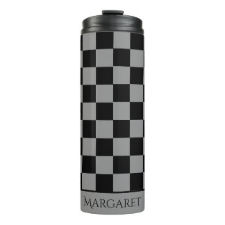 black and gray checkered monogram name thermosbecher