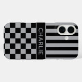 Black and Gray Checkered Striped Personalized Case-Mate iPhone Hülle (Rückseite (Horizontal))