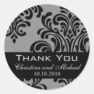 Black and Gray Damask Wedding Danke Runder Aufkleber
