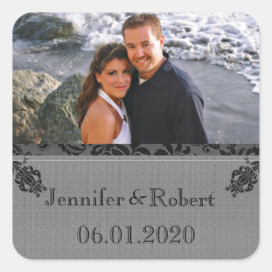 Black and Gray Damask Wedding Quadratischer Aufkleber