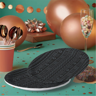Black And Gray Designer Mudcloth Paper Plate Pappteller