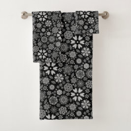 Black And Gray Retro Floral Art Seamless Pattern  Badhandtuch Set