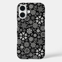 Black And Gray Retro Floral Art Seamless Pattern iPhone 16 Hülle