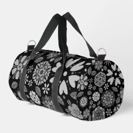 Black And Gray Retro Floral Art Seamless Pattern Duffle Bag