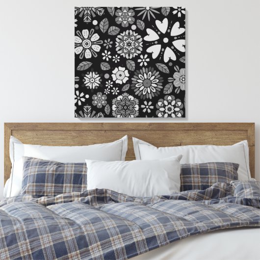 Black And Gray Retro Floral Art Seamless Pattern Leinwanddruck (Insitu (Schlafzimmer))