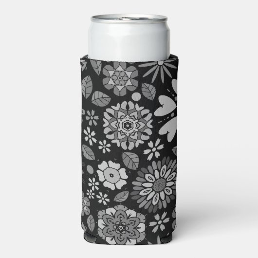 Black And Gray Retro Floral Art Seamless Pattern Selters Dosenkühler (Seltzer Vorderseite)