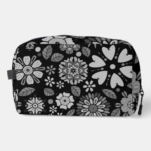 Black And Gray Retro Floral Art Seamless Pattern  Waschbeutel (Vorderseite)