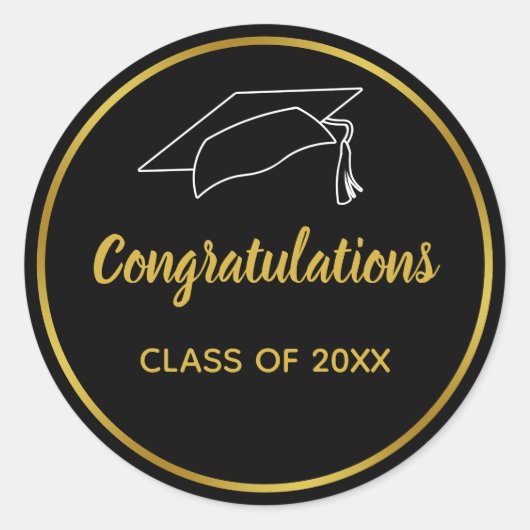 Black and Imitate Gold Abschluss Herzlichen Glückw Runder Aufkleber (Vorderseite)