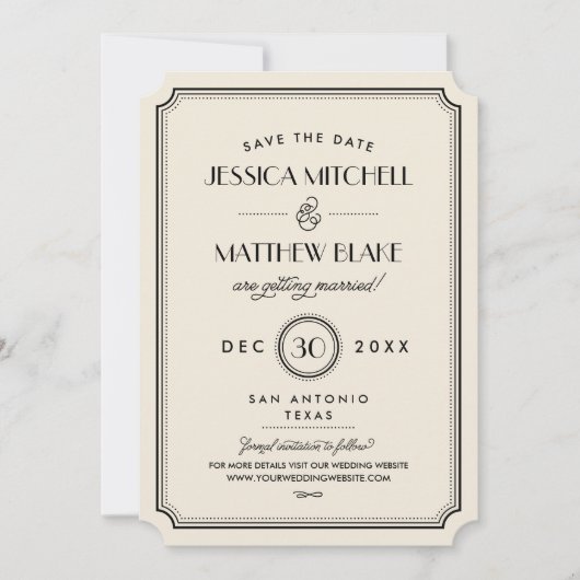 Black and Ivory Art Deco Monogram Save the Date (Vorderseite)