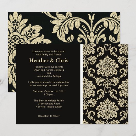 Black and Ivory Damask Einladung (Vorne/Hinten)