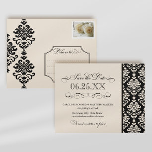 Black and Ivory Elegant Damask Save the Date Ankündigungspostkarte