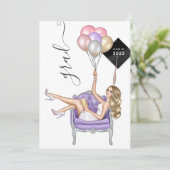 Black and Lila Blonde Balloon Girl Abschluss Einladung (Stehend Vorderseite)