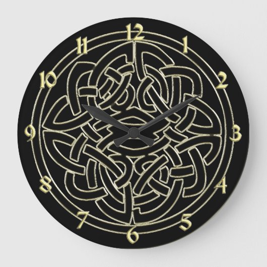 Black and Metallic Gold Celtic Knot Clock Große Wanduhr (Vorderseite)