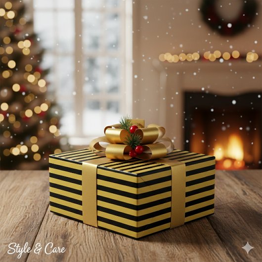 Black And Metallic Gold Stripe Pattern Premium Geschenkpapier