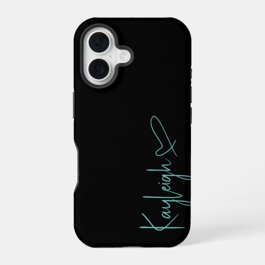Black and Mint Vert Script Name & Heft Phone Case iPhone 16 Hülle (Rückseite)