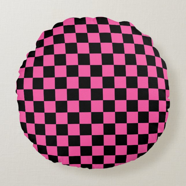 Black and pink checkerboard pattern rundes kissen (Vorderseite)